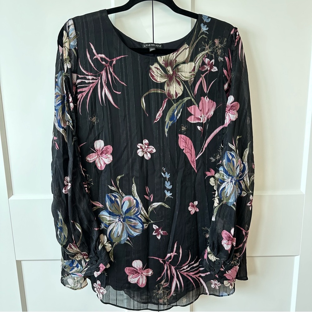 Lane Bryant Black Floral Sheer Blouse keyhole sleeves metallic 14/16